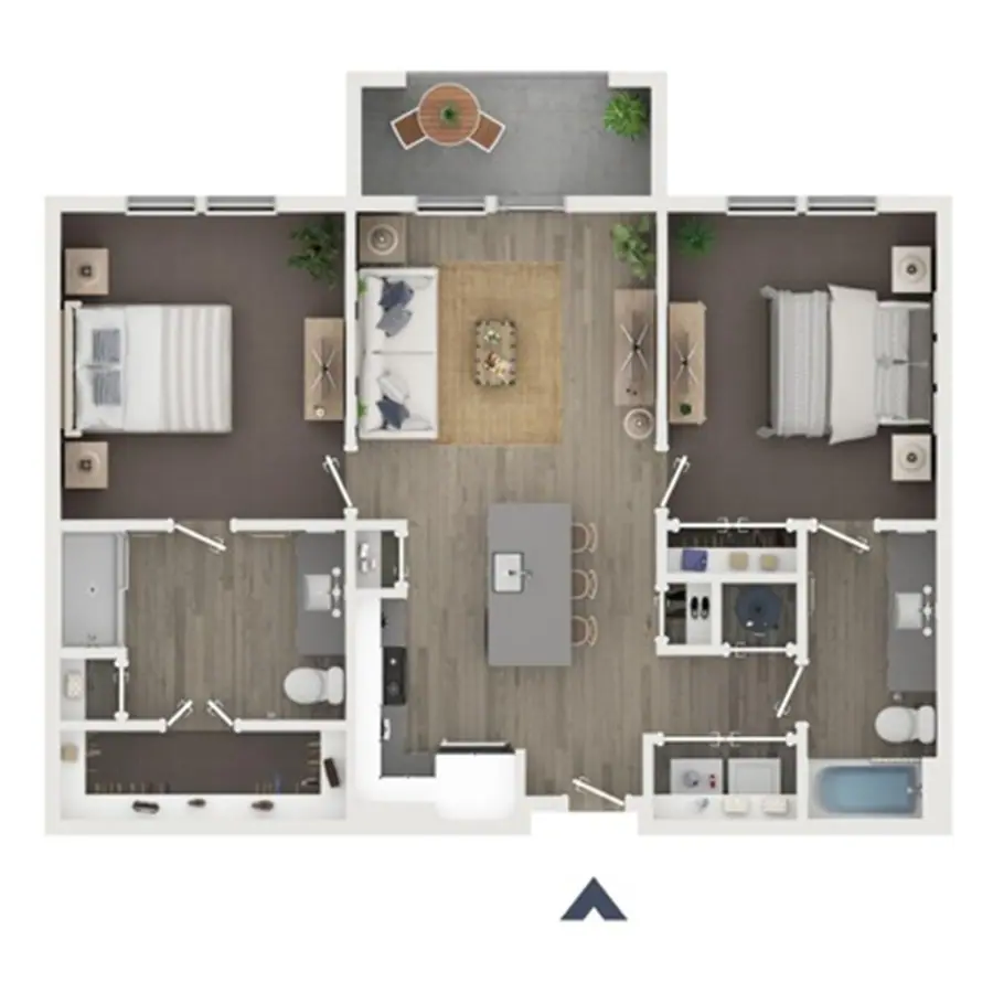 Illustrated two-bedroom apartment floor plan with an open central living area