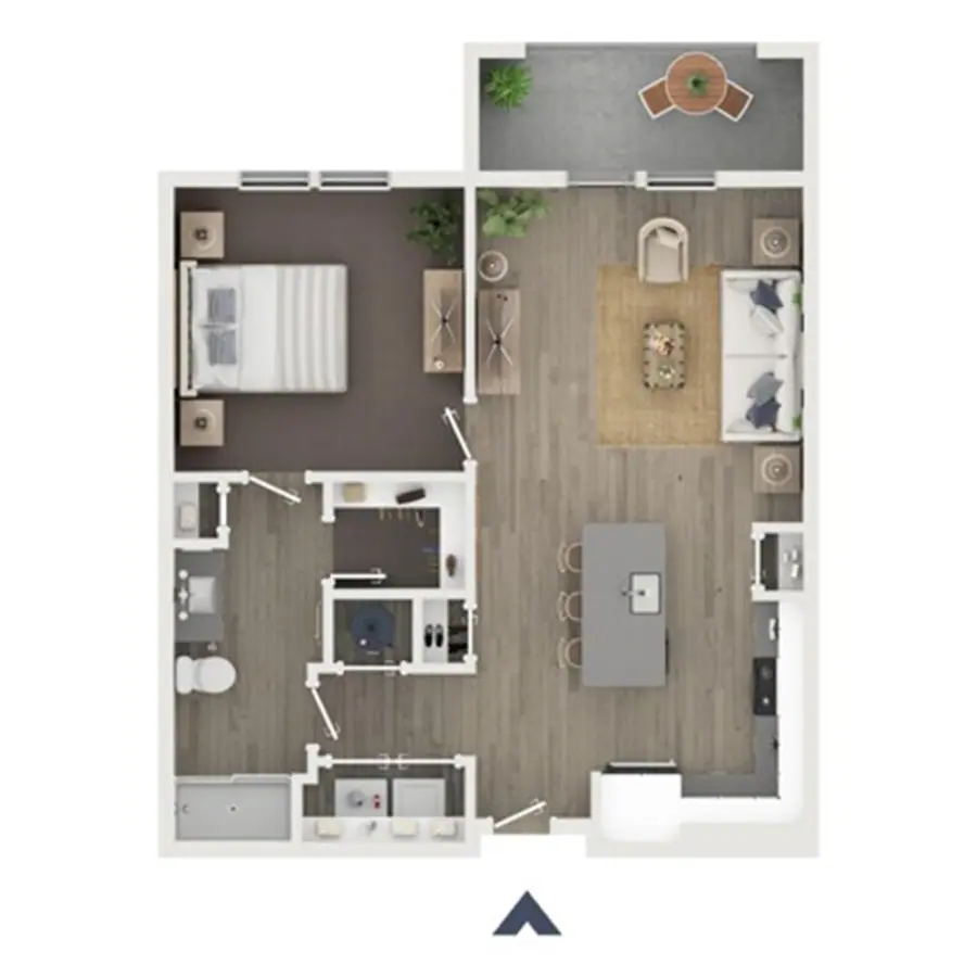 Illustrated one-bedroom apartment floor plan with open kitchen and living space