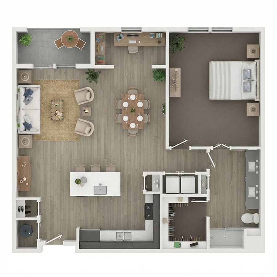 Floor plan of The Willow Grand: one bedroom and one bathroom with a double vanity and a walk-in shower, an open living, dining and kitchen area with an island, a walk-in closet, in-unit laundry and a balcony